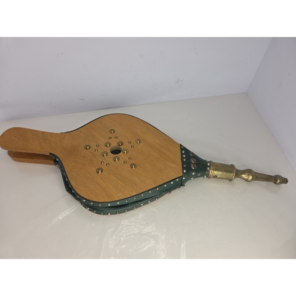 DISPLAY ONLY Vintage Fireplace Bellows Air Blower Brass Wood Green Leather